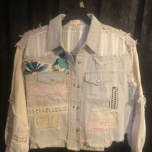POL Distressed Patchwork Denim Jacket with Lace Insets